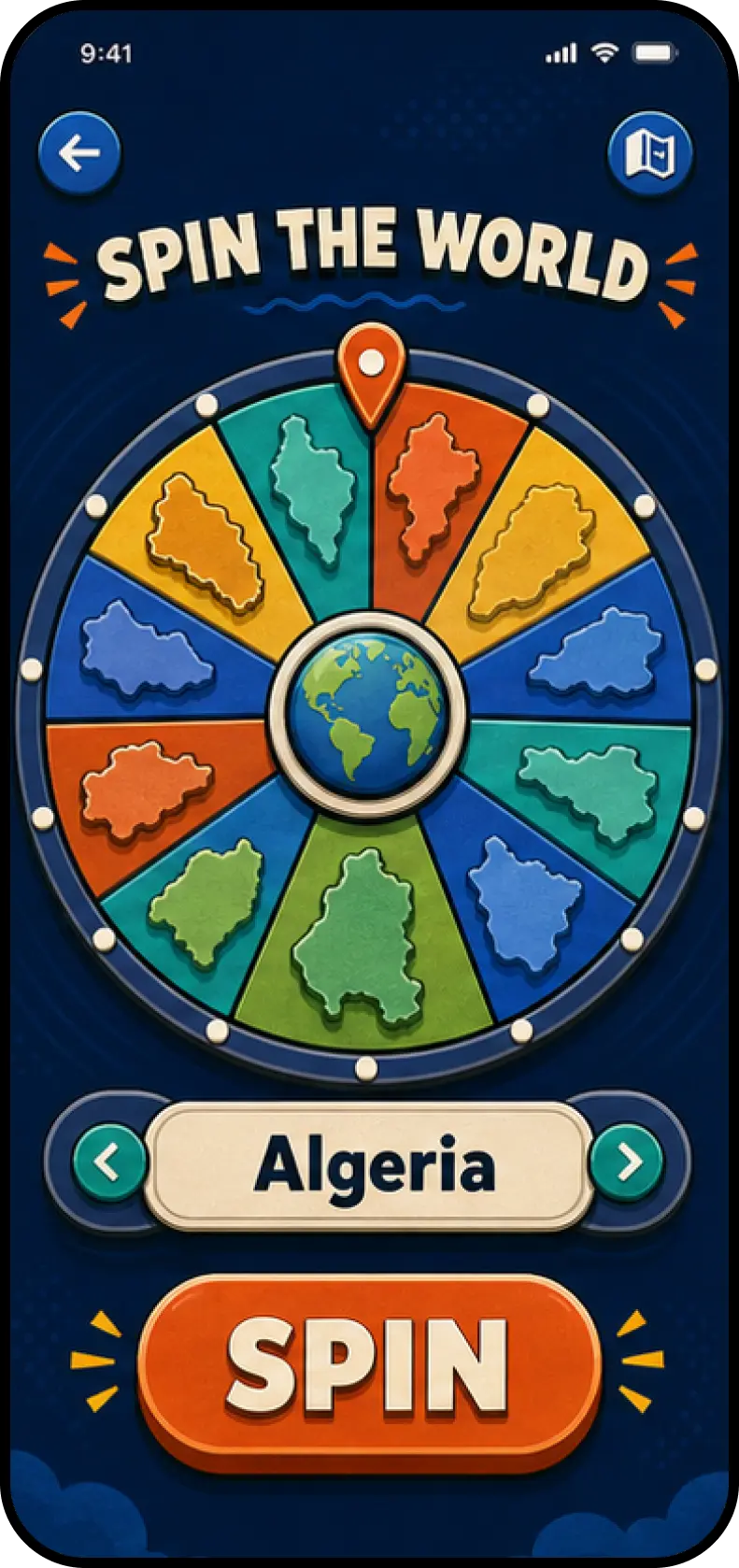 WorldHop Spin the World screen
